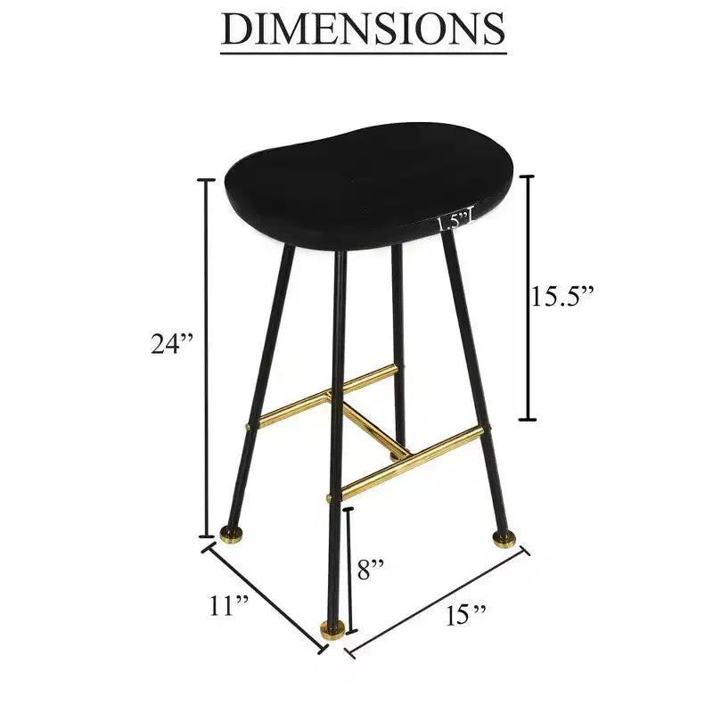 Taburete de barra sin respaldo de 24 pulgadas con asiento de madera de mango | Patas de hierro negro | Reposapiés dorado