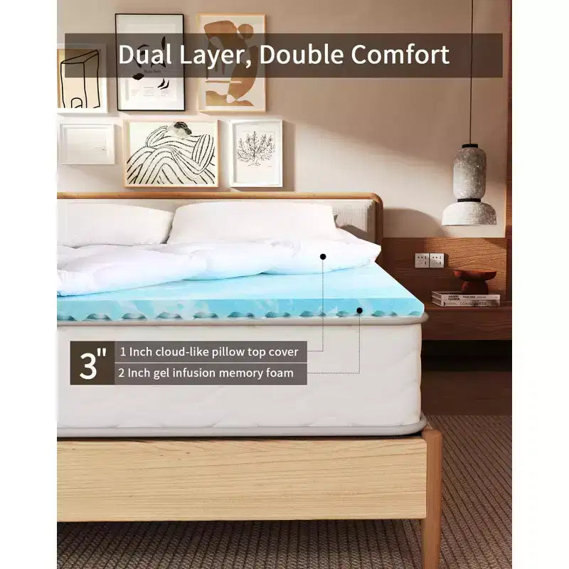Colchón de espuma viscoelástica de 3/4 pulgadas, espuma viscoelástica de gel refrescante de 2 pulgadas con 5 zonas más capa superior de almohada alternativa de plumón de 1 pulgada