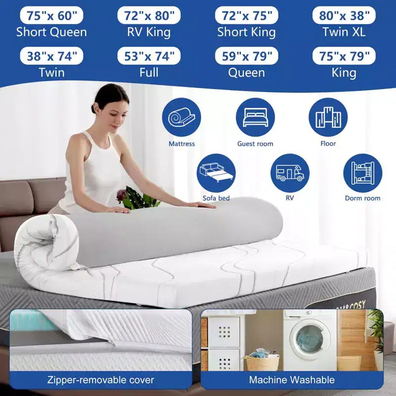 Colchón de espuma viscoelástica de 3/4 pulgadas, espuma viscoelástica de gel refrescante de 2 pulgadas con 5 zonas más capa superior de almohada alternativa de plumón de 1 pulgada