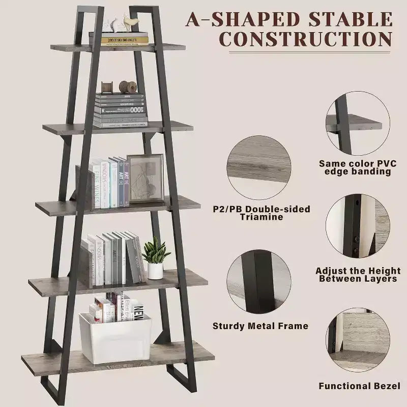 Estantería de 5 niveles, estantería industrial alta de 71 pulgadas, estantería grande tipo etagere, estantería abierta independiente y ancha, estantería moderna para sala de estar