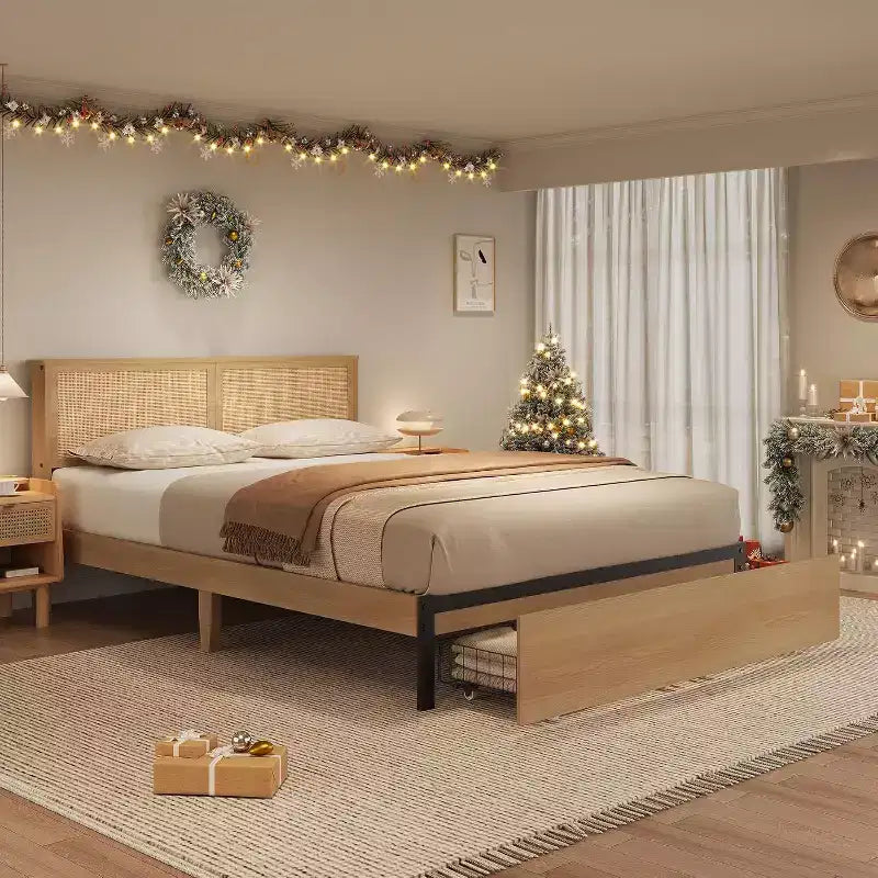 Acekool Full Size Platform Bed Frame with Rattan Headboard, 2 Drawers, Strong Wood Slats, Quiet Design, No Box Spring Needed
