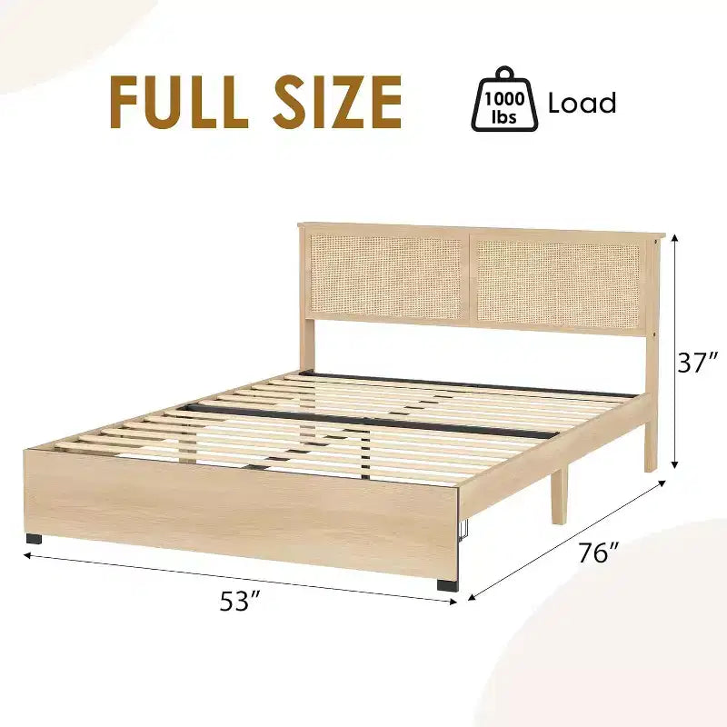 Base de cama de plataforma de tamaño completo con cabecero de ratán, 2 cajones, listones de madera resistentes, diseño silencioso, no necesita somier