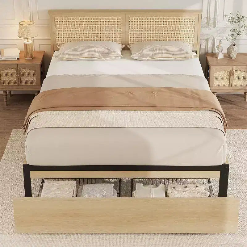 Base de cama de plataforma de tamaño completo con cabecero de ratán, 2 cajones, listones de madera resistentes, diseño silencioso, no necesita somier