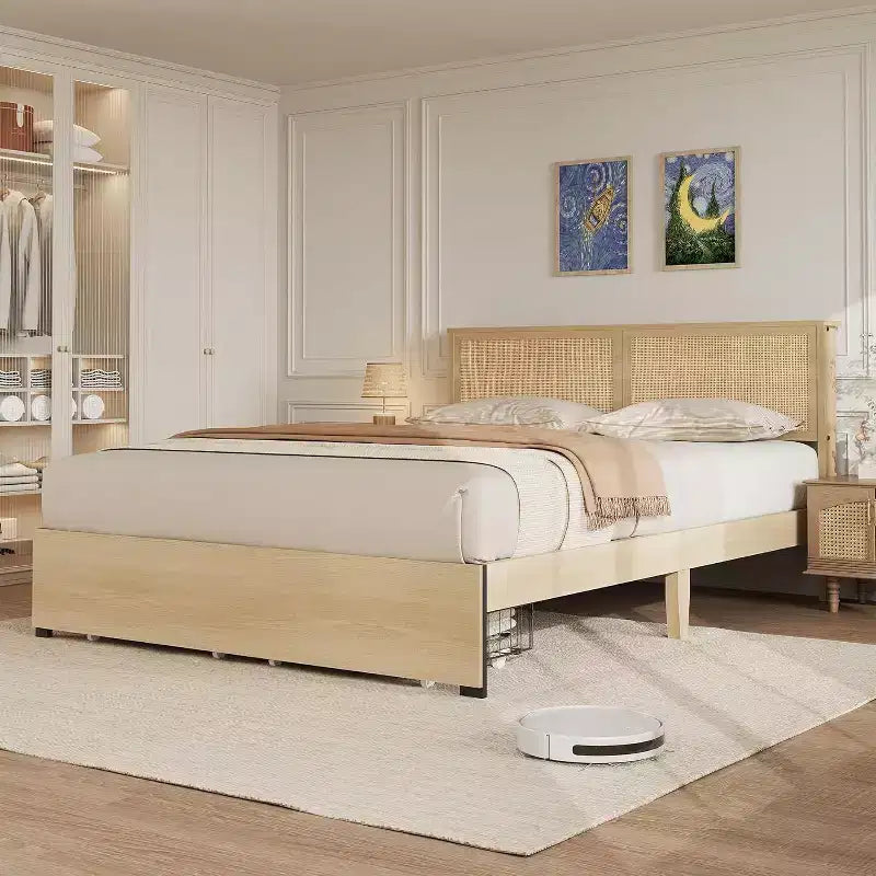 Base de cama de plataforma de tamaño completo con cabecero de ratán, 2 cajones, listones de madera resistentes, diseño silencioso, no necesita somier