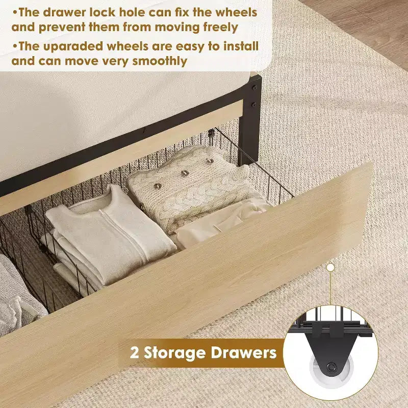 Base de cama de plataforma de tamaño completo con cabecero de ratán, 2 cajones, listones de madera resistentes, diseño silencioso, no necesita somier