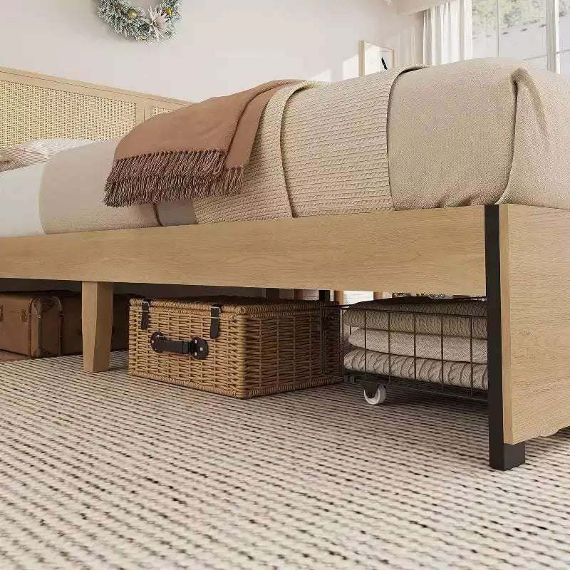Base de cama de plataforma de tamaño completo con cabecero de ratán, 2 cajones, listones de madera resistentes, diseño silencioso, no necesita somier