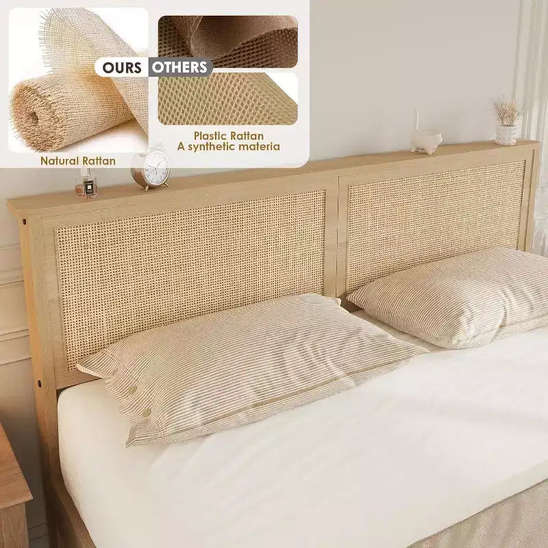 Base de cama de plataforma de tamaño completo con cabecero de ratán, 2 cajones, listones de madera resistentes, diseño silencioso, no necesita somier