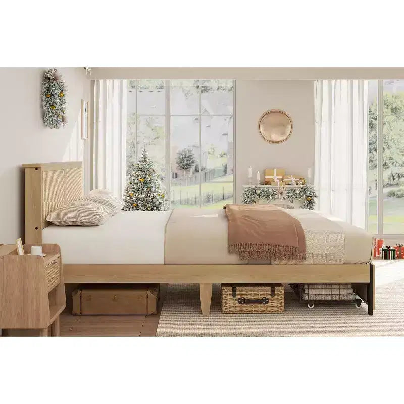 Base de cama de plataforma de tamaño completo con cabecero de ratán, 2 cajones, listones de madera resistentes, diseño silencioso, no necesita somier