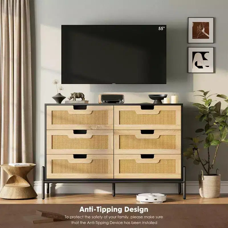 Cómoda de 6 cajones de ratán natural, cómoda de madera, armario de almacenamiento rústico con patas de metal