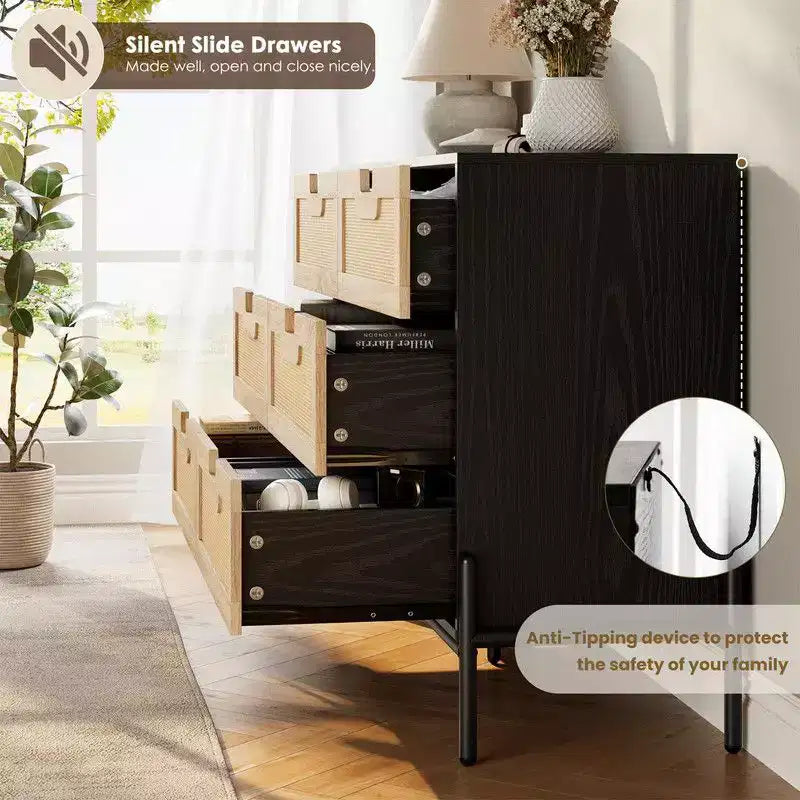 Cómoda de 6 cajones de ratán natural, cómoda de madera, armario de almacenamiento rústico con patas de metal