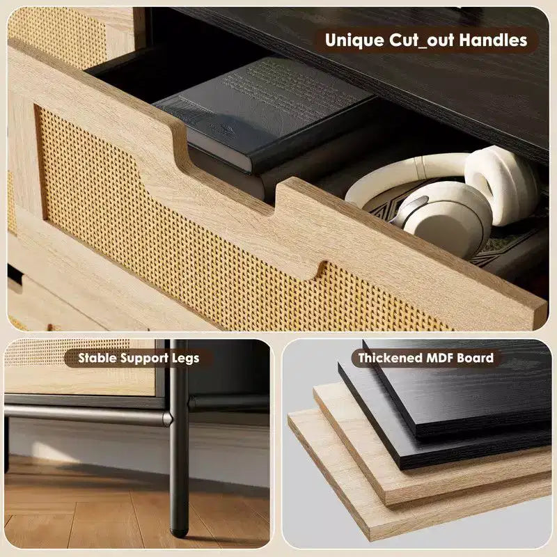 Cómoda de 6 cajones de ratán natural, cómoda de madera, armario de almacenamiento rústico con patas de metal