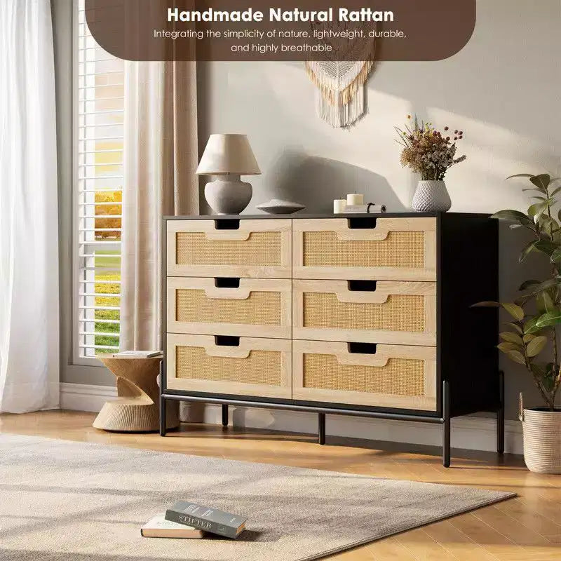Cómoda de 6 cajones de ratán natural, cómoda de madera, armario de almacenamiento rústico con patas de metal