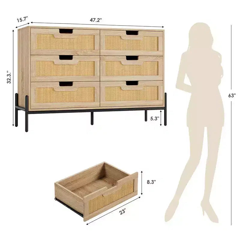 Cómoda de 6 cajones de ratán natural, cómoda de madera, armario de almacenamiento rústico con patas de metal