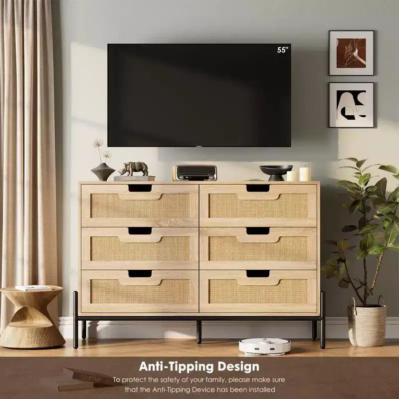 Cómoda de 6 cajones de ratán natural, cómoda de madera, armario de almacenamiento rústico con patas de metal