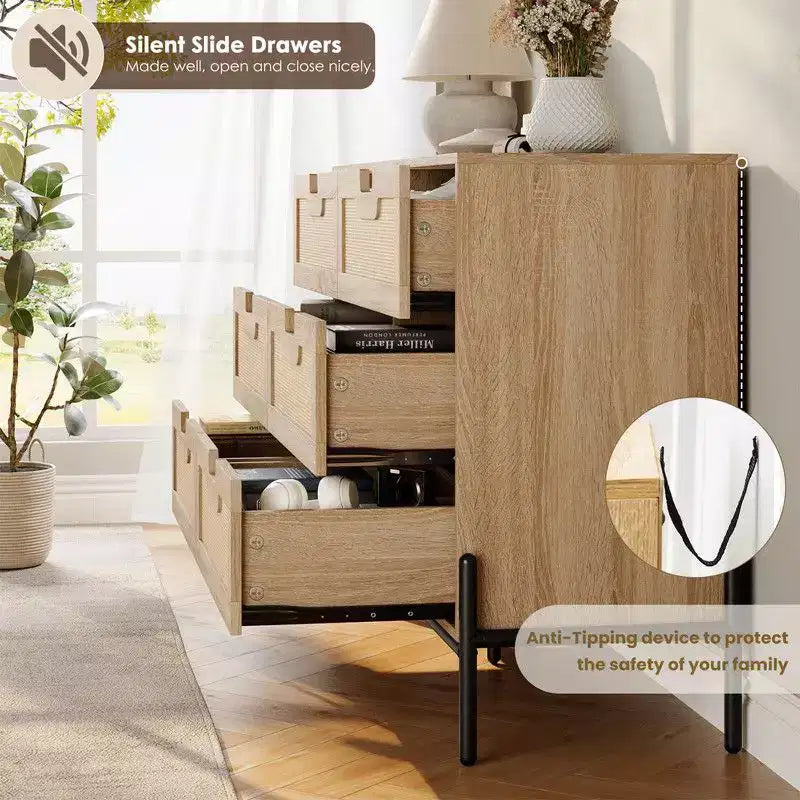 Cómoda de 6 cajones de ratán natural, cómoda de madera, armario de almacenamiento rústico con patas de metal