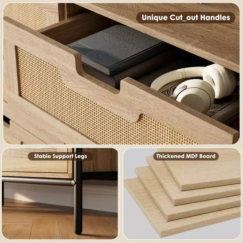 Cómoda de 6 cajones de ratán natural, cómoda de madera, armario de almacenamiento rústico con patas de metal