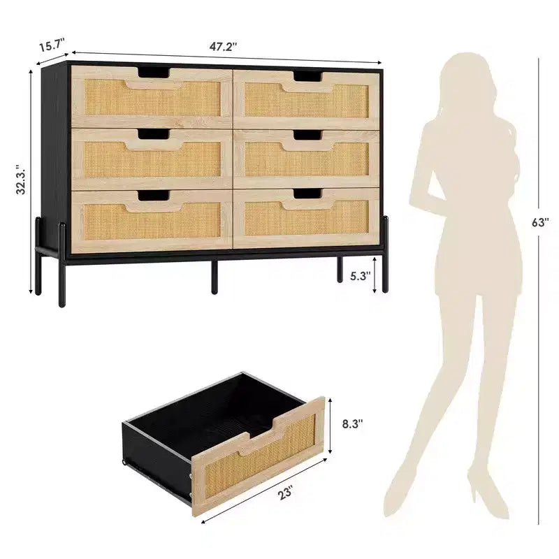 Cómoda de 6 cajones de ratán natural, cómoda de madera, armario de almacenamiento rústico con patas de metal