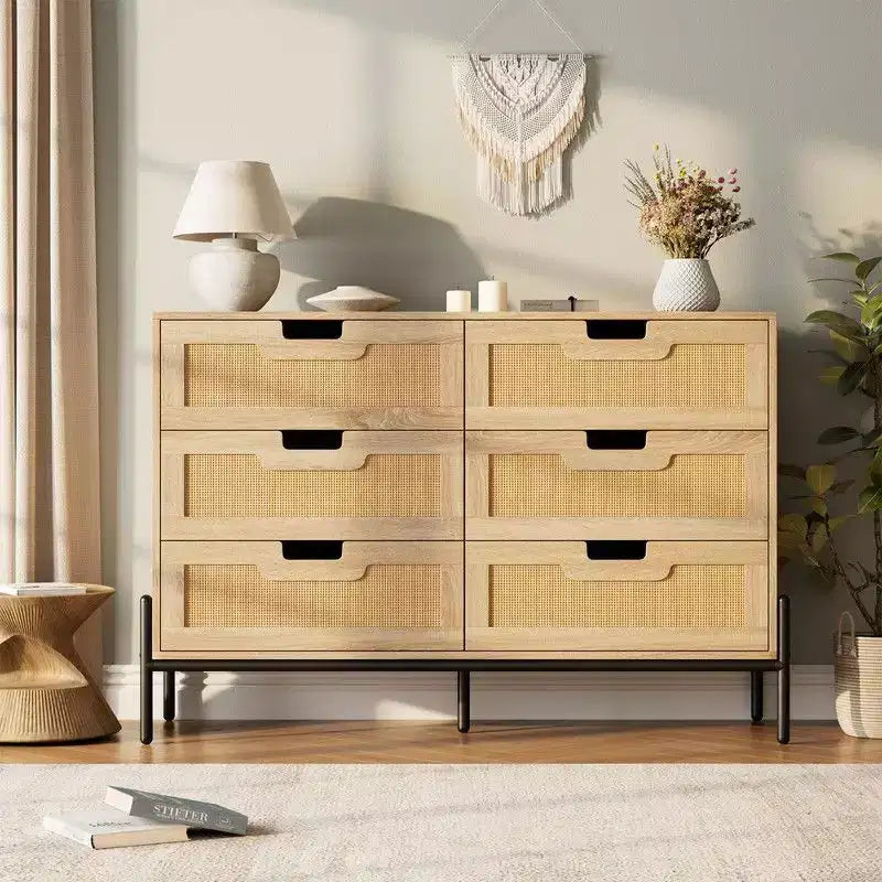 Natural Rattan 6 Drawer Dresser, Wooden Chest of Drawer, Farmhouse Storage Cabinet with Metal Legs