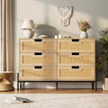 Natural Rattan 6 Drawer Dresser, Wooden Chest of Drawer, Farmhouse Storage Cabinet with Metal Legs