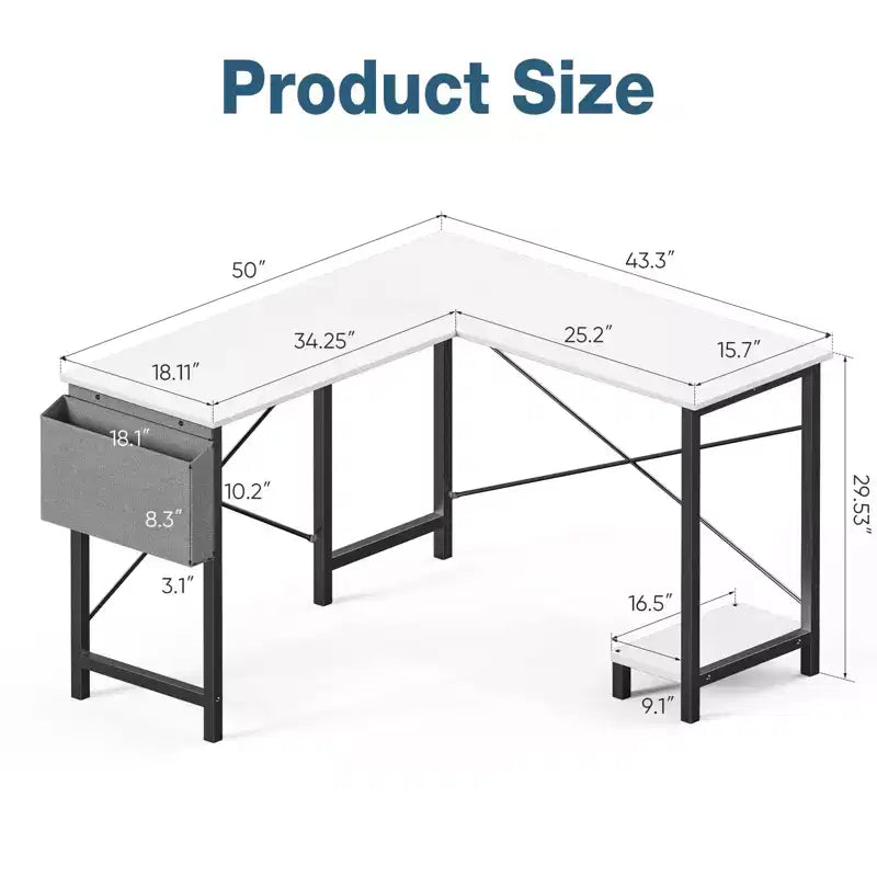 Escritorio de computadora en forma de L, 50 pulgadas, con estantes reversibles y bolsa lateral, mesa de estudio para juegos, escritura para oficina en casa, dormitorio