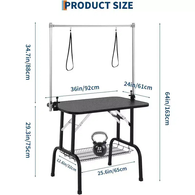 Mesa de peluquería canina plegable de 36" con brazos ajustables, lazo de sujeción y bandeja de malla, estática de 150 kg, para perros pequeños y grandes