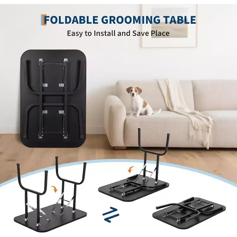 Mesa de peluquería canina plegable de 36" con brazos ajustables, lazo de sujeción y bandeja de malla, estática de 150 kg, para perros pequeños y grandes