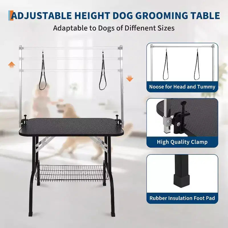 Mesa de peluquería canina plegable de 36" con brazos ajustables, lazo de sujeción y bandeja de malla, estática de 150 kg, para perros pequeños y grandes