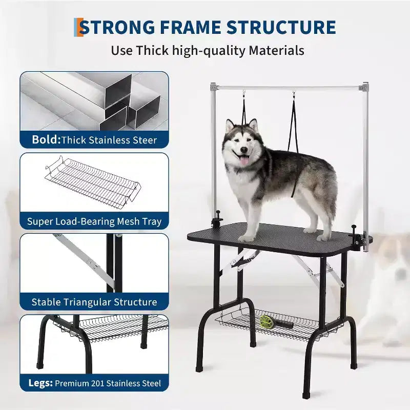Mesa de peluquería canina plegable de 36" con brazos ajustables, lazo de sujeción y bandeja de malla, estática de 150 kg, para perros pequeños y grandes