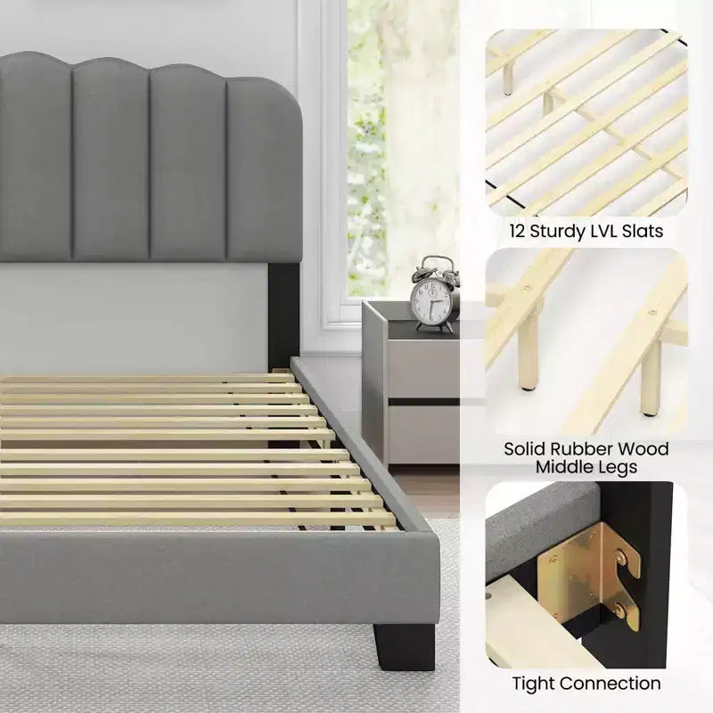 Base de cama Queen, tapizada en lino con plataforma y soporte de listones de madera
