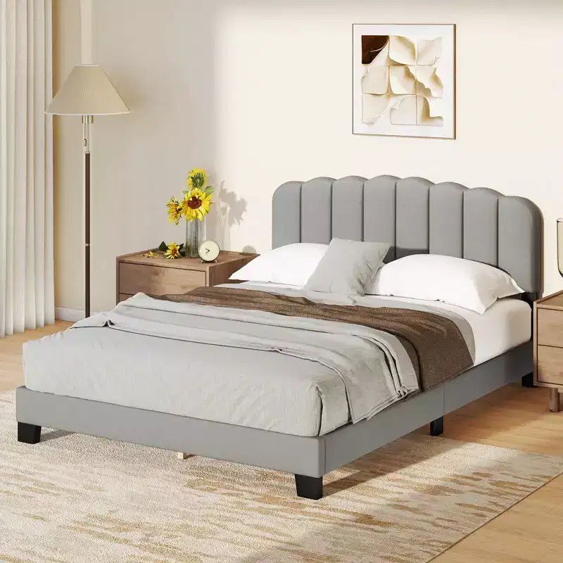 Base de cama Queen, tapizada en lino con plataforma y soporte de listones de madera