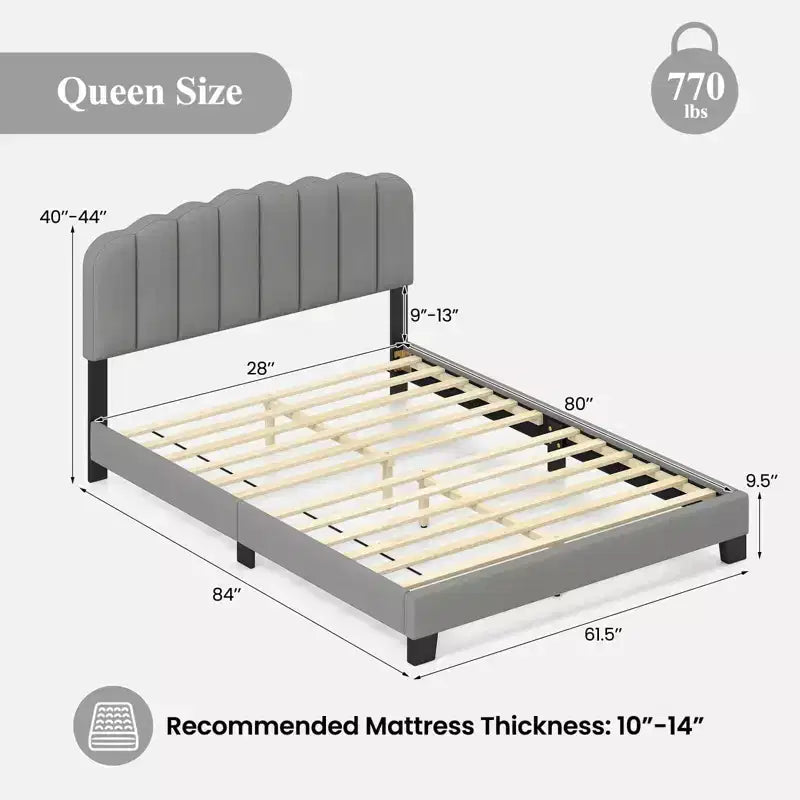 Base de cama Queen, tapizada en lino con plataforma y soporte de listones de madera