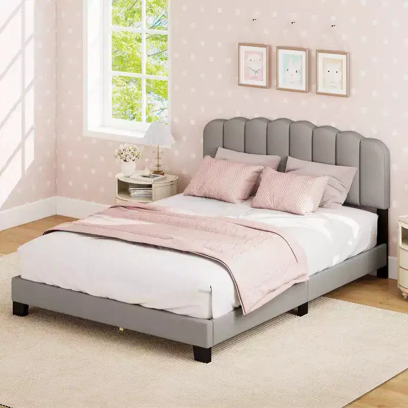 Base de cama Queen, tapizada en lino con plataforma y soporte de listones de madera