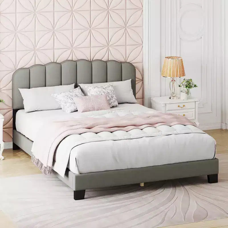 Base de cama Queen, tapizada en lino con plataforma y soporte de listones de madera