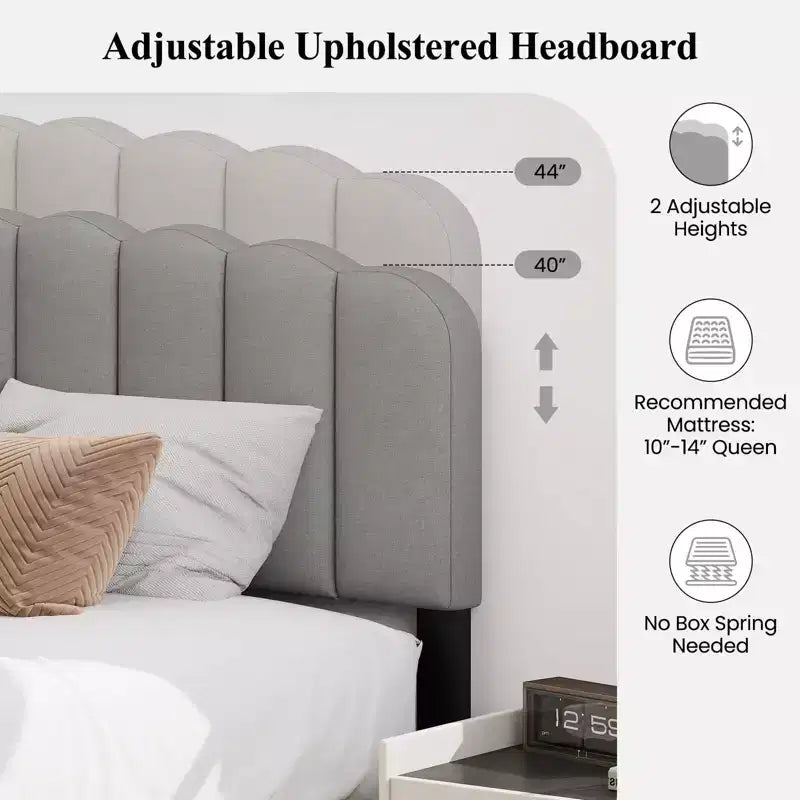 Base de cama Queen, tapizada en lino con plataforma y soporte de listones de madera