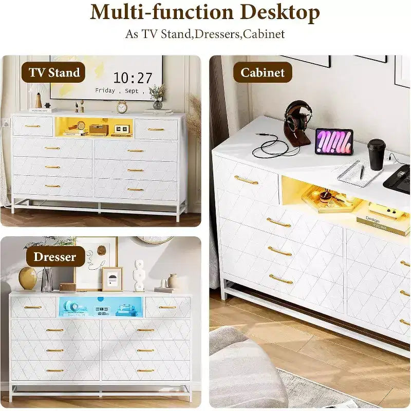 Cómoda/Mueble de TV de 55" con 8 Cajones - Unidad de Almacenamiento Negra con Cajones Profundos para Dormitorio y Sala de Estar