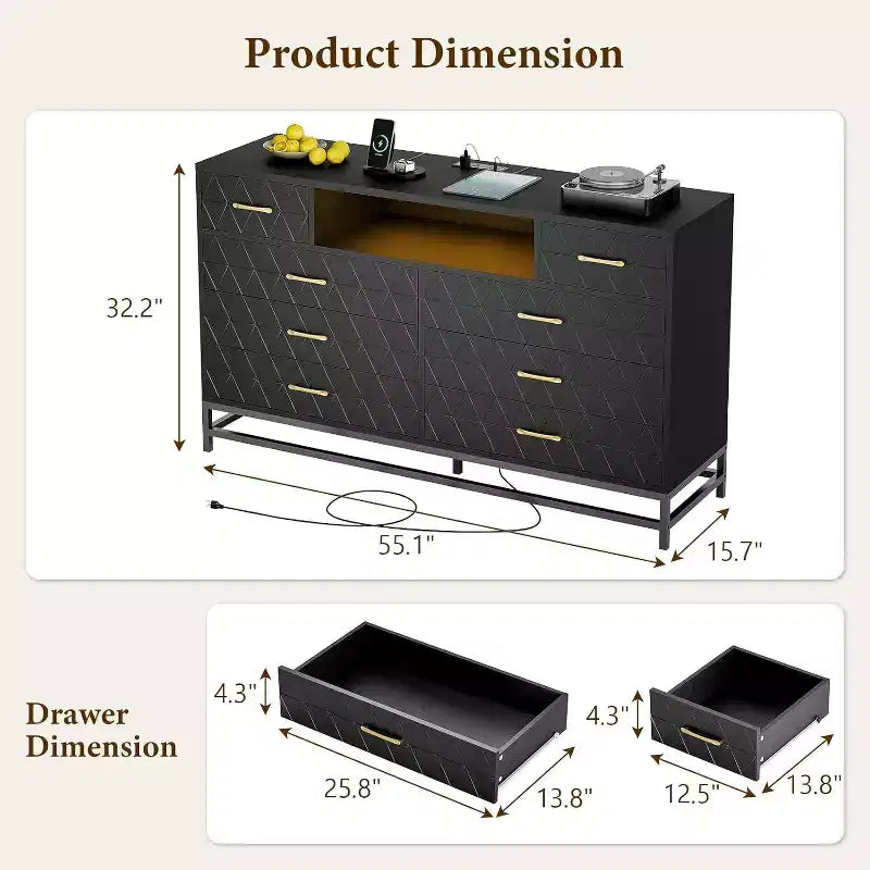 Cómoda/Mueble de TV de 55" con 8 Cajones - Unidad de Almacenamiento Negra con Cajones Profundos para Dormitorio y Sala de Estar
