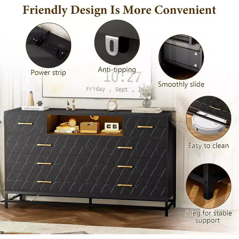 Cómoda/Mueble de TV de 55" con 8 Cajones - Unidad de Almacenamiento Negra con Cajones Profundos para Dormitorio y Sala de Estar