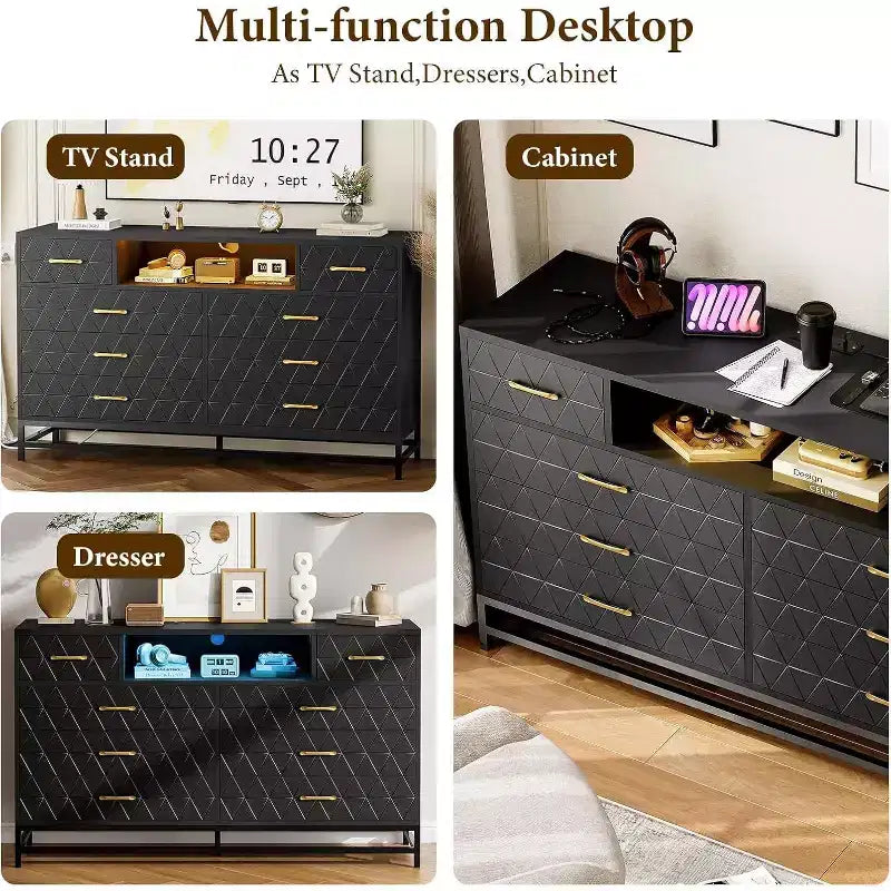 Cómoda/Mueble de TV de 55" con 8 Cajones - Unidad de Almacenamiento Negra con Cajones Profundos para Dormitorio y Sala de Estar