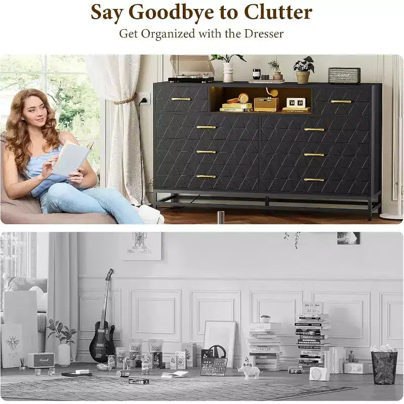 Cómoda/Mueble de TV de 55" con 8 Cajones - Unidad de Almacenamiento Negra con Cajones Profundos para Dormitorio y Sala de Estar