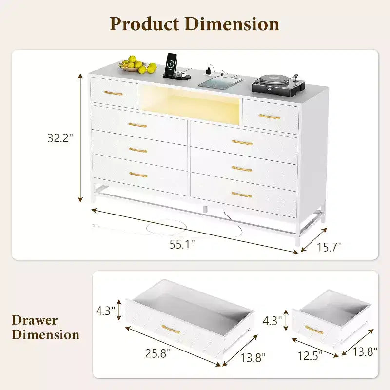 Cómoda/Mueble de TV de 55" con 8 Cajones - Unidad de Almacenamiento Negra con Cajones Profundos para Dormitorio y Sala de Estar