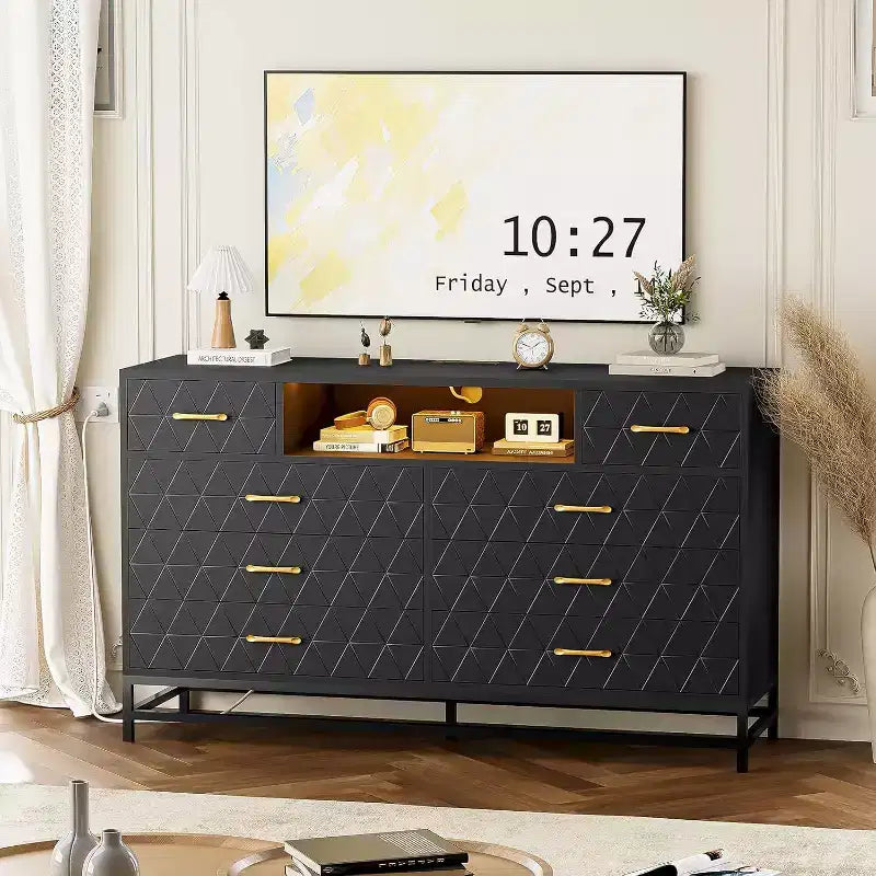 55 8-Drawer Dresser TV Stand - Black Storage Unit with Deep Drawers for Bedroom & Living Room