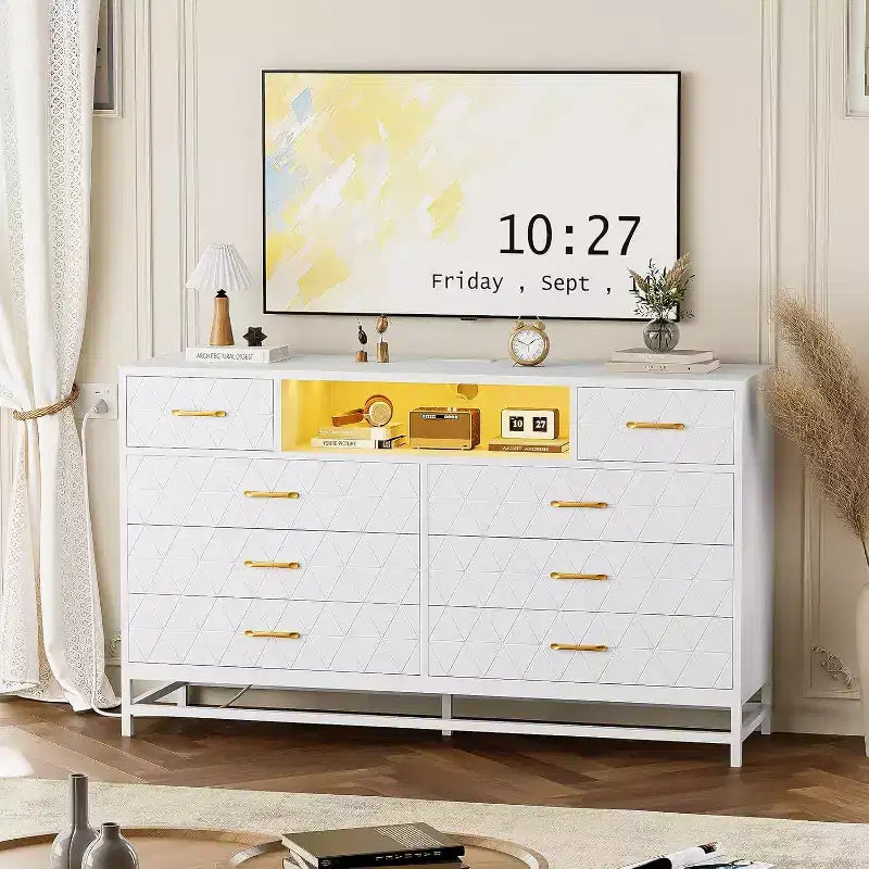 Cómoda/Mueble de TV de 55" con 8 Cajones - Unidad de Almacenamiento Negra con Cajones Profundos para Dormitorio y Sala de Estar