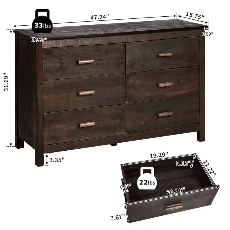 Cómoda de 6 cajones de MDF marrón de 120 cm de ancho