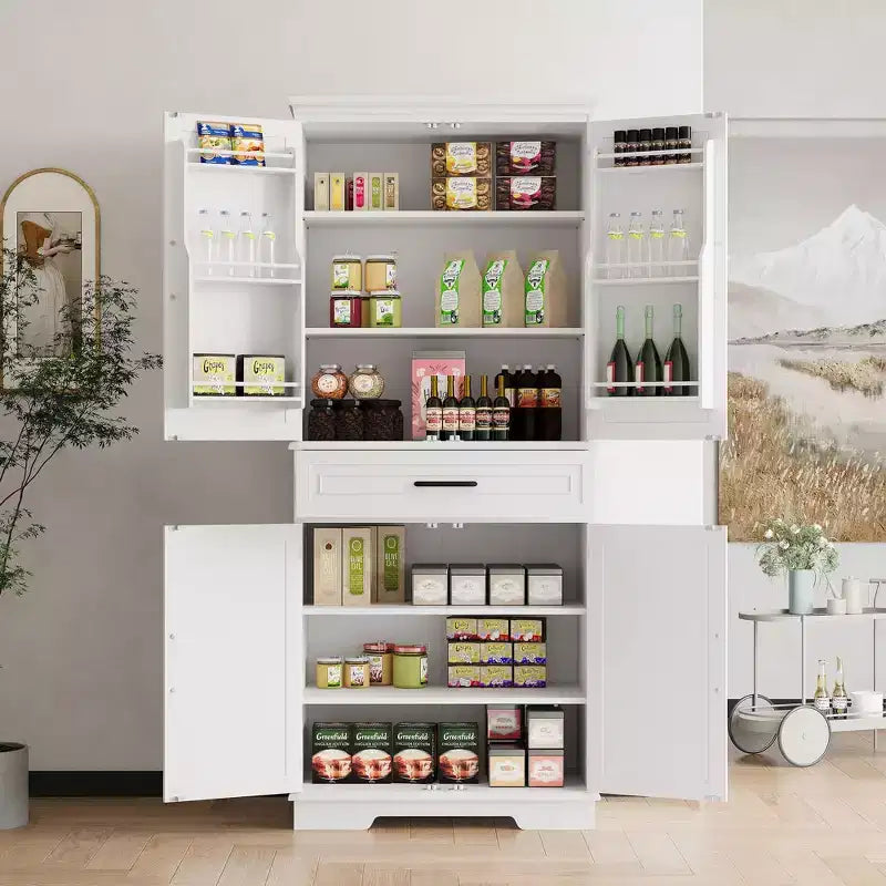 White Kitchen Storage Cabinet, with a Drawer, Adjustable Shelves, Door Shelves, Large Narrow Bathroom Cabinet, Farmhouse Cupboard for Dining Room