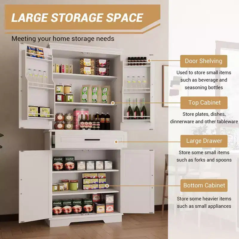 Mueble de Almacenamiento de Cocina Blanco, con un Cajón, Estantes Ajustables, Estantes en la Puerta, Armario Estrecho Grande para Baño, Aparador de Granja para Comedor