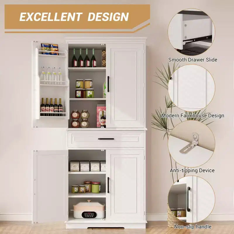 Mueble de Almacenamiento de Cocina Blanco, con un Cajón, Estantes Ajustables, Estantes en la Puerta, Armario Estrecho Grande para Baño, Aparador de Granja para Comedor