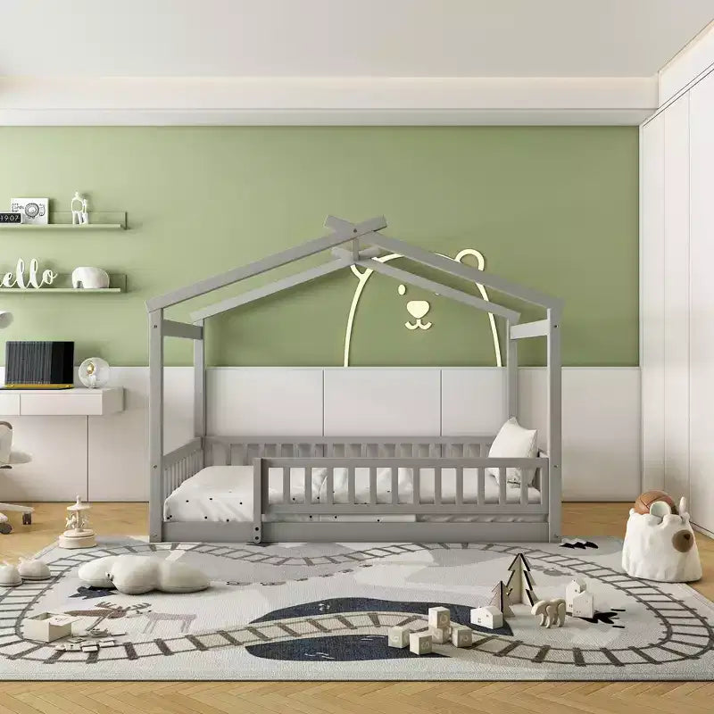 GDFStudio Modern Astrid Wooden House Bed with Fence
