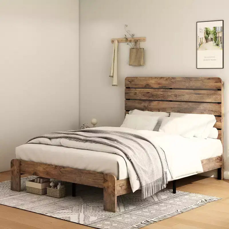 Armazón de cama King Size de madera con plataforma, fácil de montar, sin ruido, no necesita somier, marrón oscuro