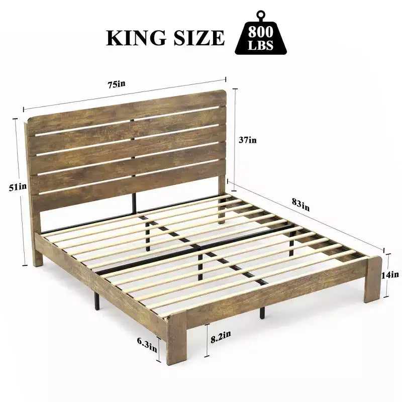 Armazón de cama King Size de madera con plataforma, fácil de montar, sin ruido, no necesita somier, marrón oscuro