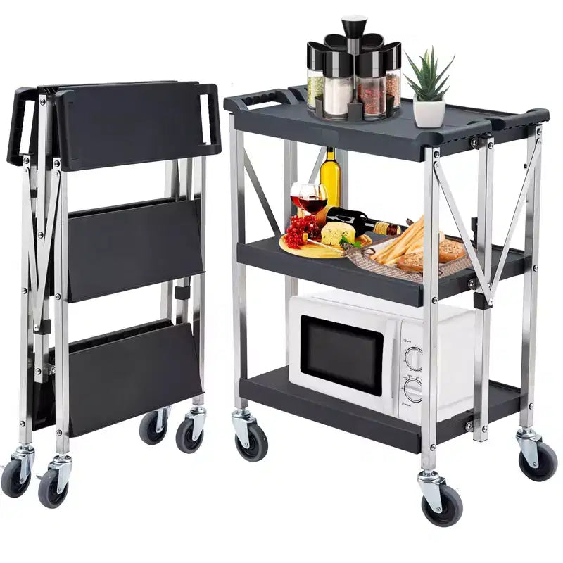 Utility Cart, Rolling Cart - Heavy Duty 3-Shelf Foldable with Wheels, 330 Lbs Capacity, Collapsible Service Cart (Black)